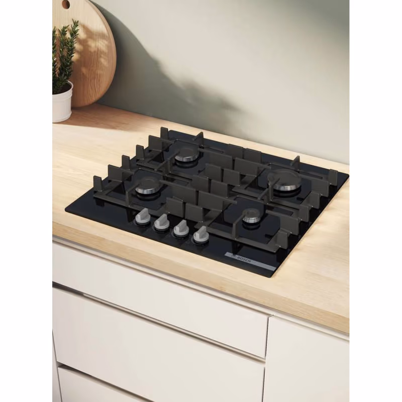 Series 4, Built-In Gas Hob 60cm, Full Safety, One Hand Ignition, SteelSingle Pan Support, Black Tempered Glass, Made in Turkey