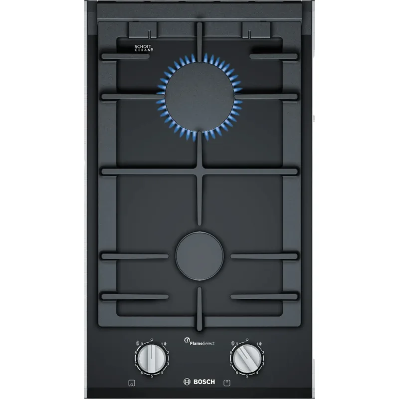 Series 8, Built-In Gas Hob 30cm, Full Safety, One Hand Auto Iginition, Cast Iron Pan Support, Full Metal Sword Knobs, Flame Select 9 Steps, Black Tempered Glass, Made in Spain
