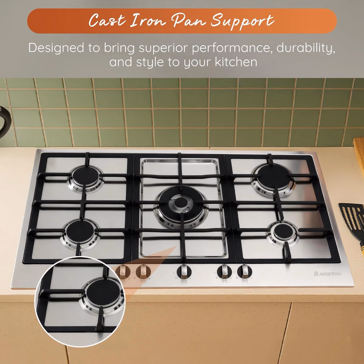 Ariston Gas Hob Built-In - Silver - PK951 T GH, 90cm - Ariston Gas Hob Built-In - Silver - PK951 T GH, 90cm