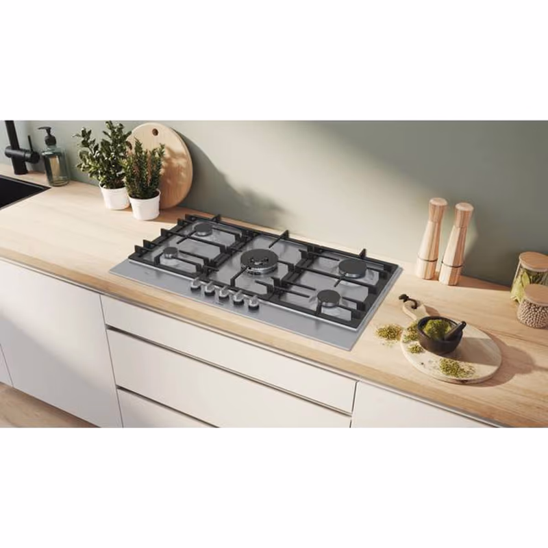 Series 6, Built-In Gas Hob 90cm, Cast Iron Pan Support, Full Safety, One Hand Auto Ignition, Detachable Full Metal Sword Knobs, 4KW Centre WOK Burner, Stainless Steel, Made in Spain