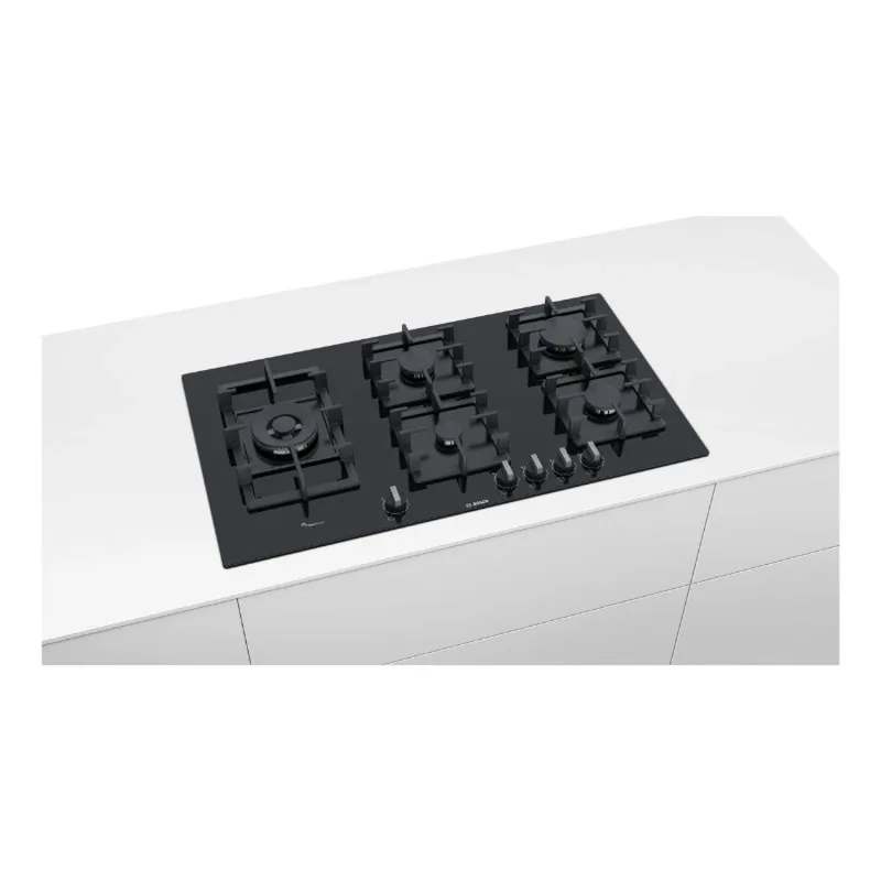 Series 6, Built-In Gas Hob 90cm, Cast Iron Pan Support, Full Safety, One Hand Auto Ignition, Sword Knobs, 4KW Right WOK Burner, Flame Select 9 Step, Black Tempered Glass, Made in Spain